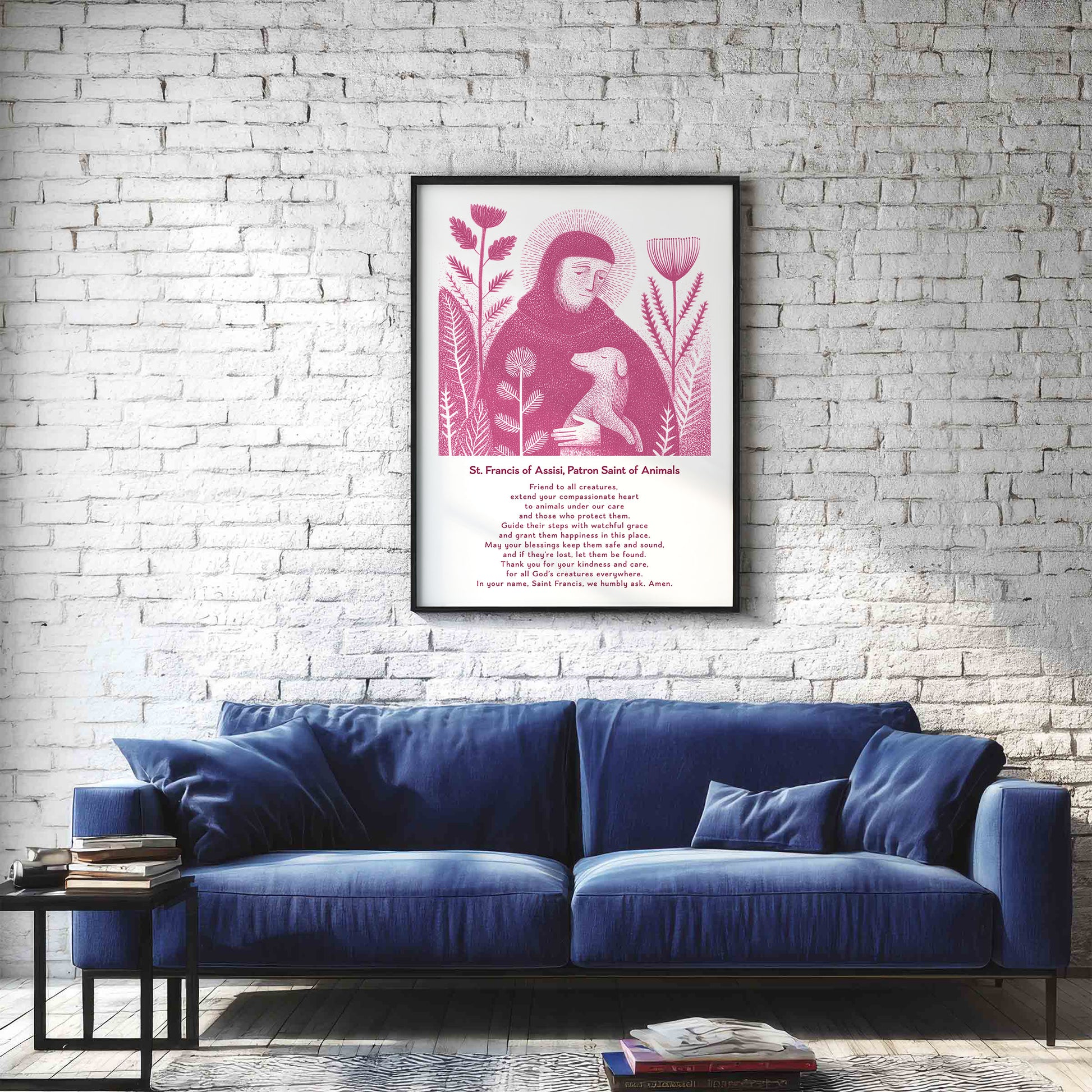 St Francis with Dog Art Print - Pink interior mockup 03 - p_11_franc_dog_0001_Layer 1