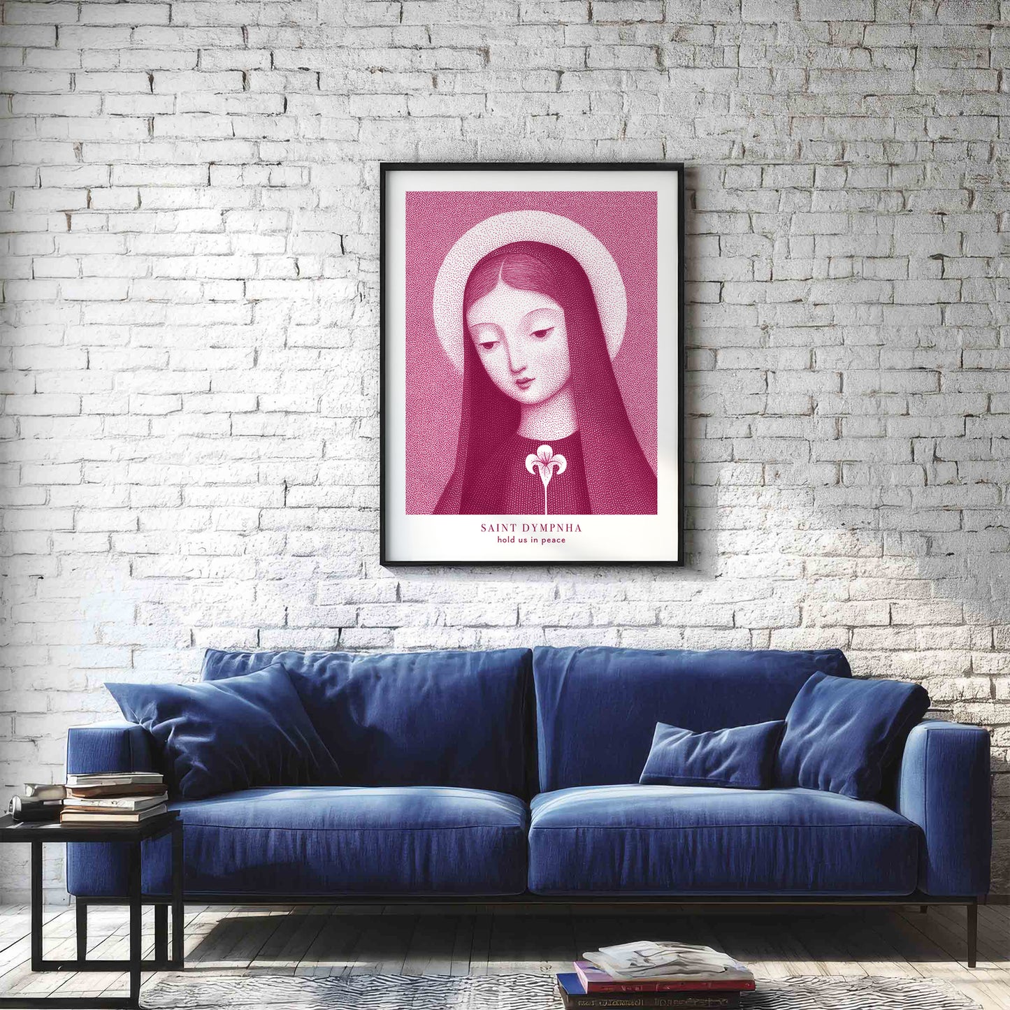 St Dymphna Art Print - Pink interior mockup 01 - p_11_navy_couch_0001_Layer 2