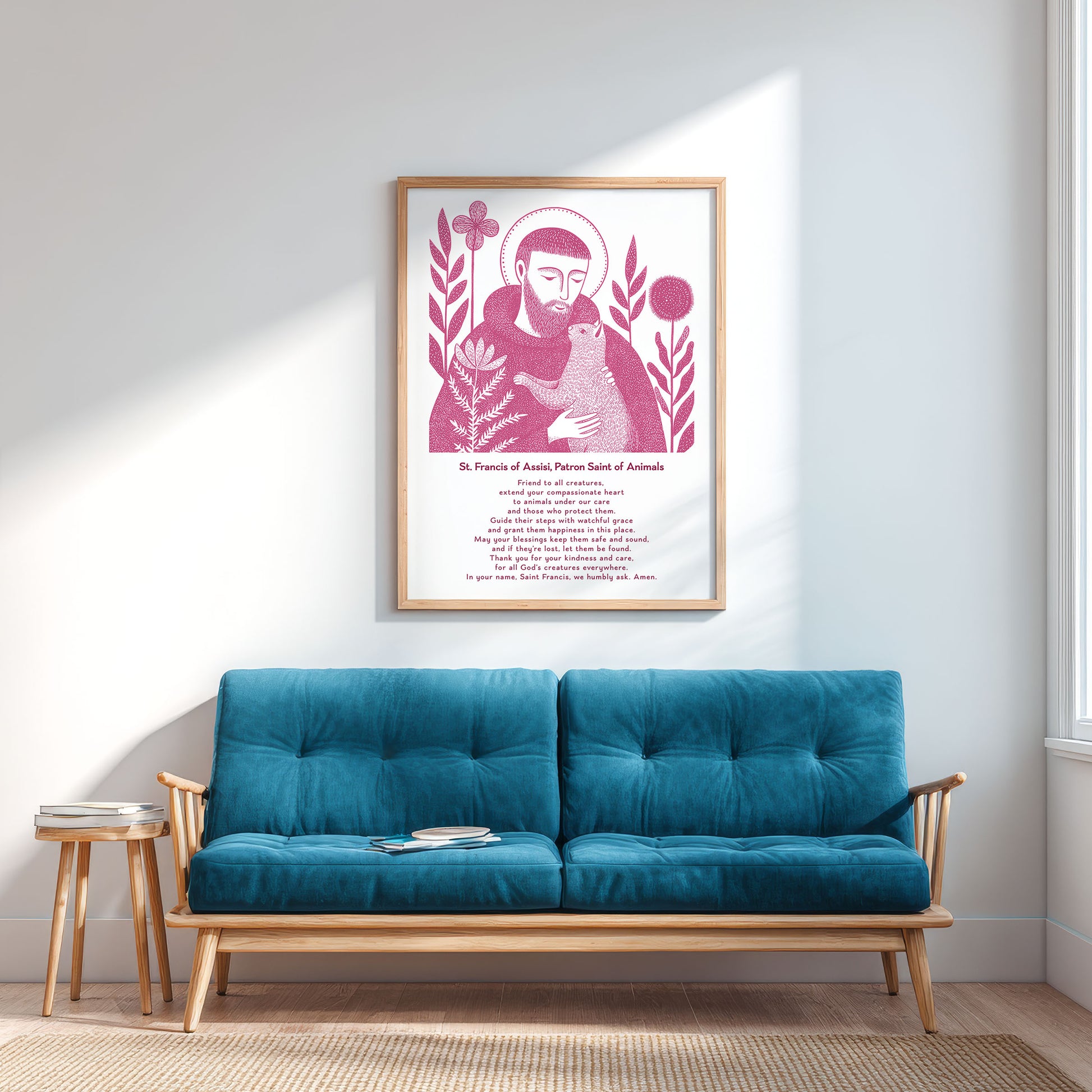 St Francis with Cat Art Print - Pink interior mockup 04 - p_12_franc_cat_0000_Layer 3