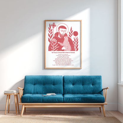 St Francis with Cat Art Print - Red interior mockup 04 - p_12_franc_cat_0001_Layer 2