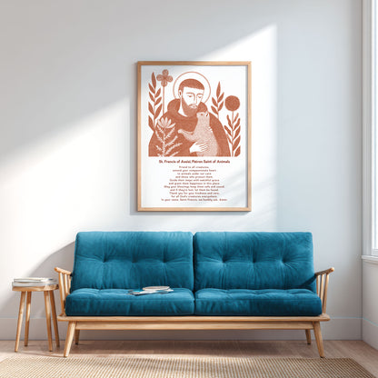 St Francis with Cat Art Print - Terracotta interior mockup 04 - p_12_franc_cat_0002_Layer 1