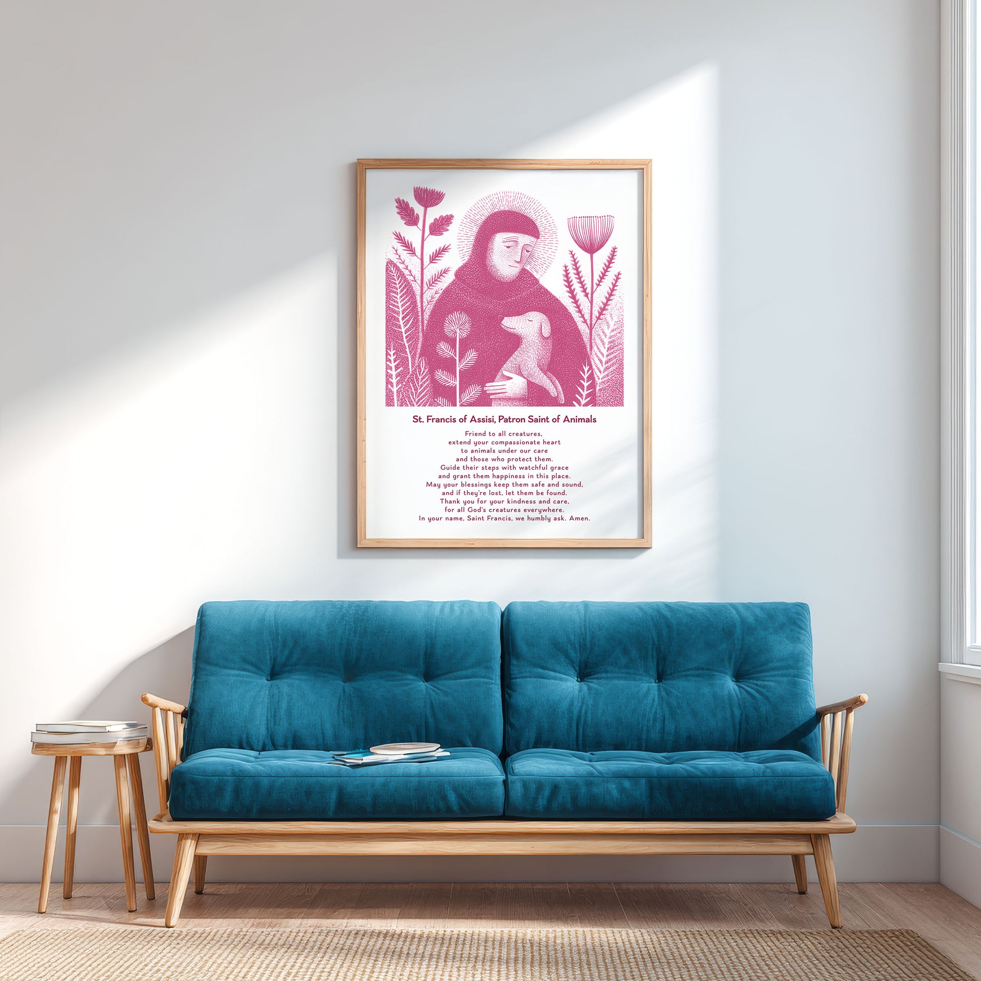 St Francis with Dog Art Print - Pink interior mockup 04 - p_12_franc_dog_0000_Layer 3