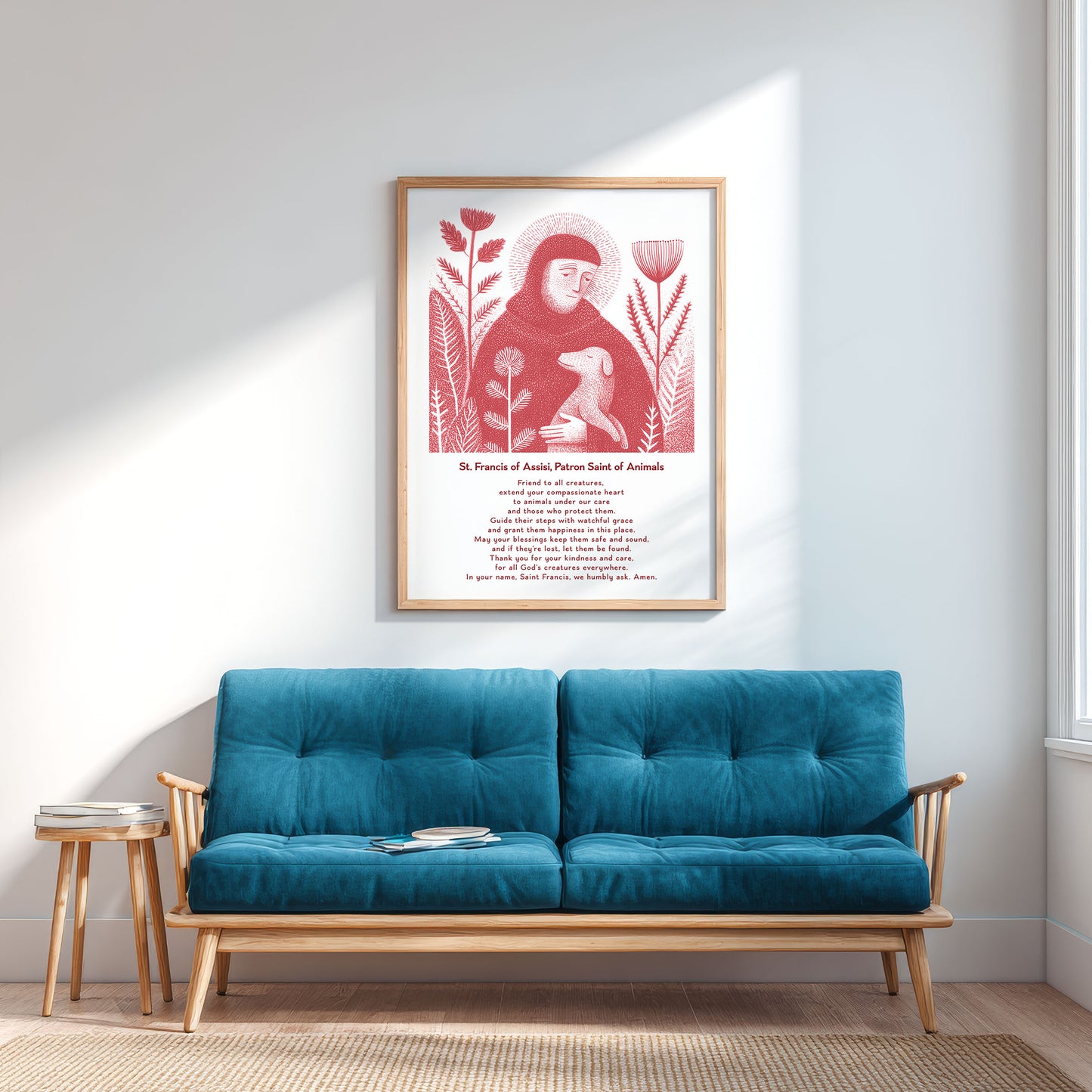 St Francis with Dog Art Print - Red interior mockup 04 - p_12_franc_dog_0001_Layer 2