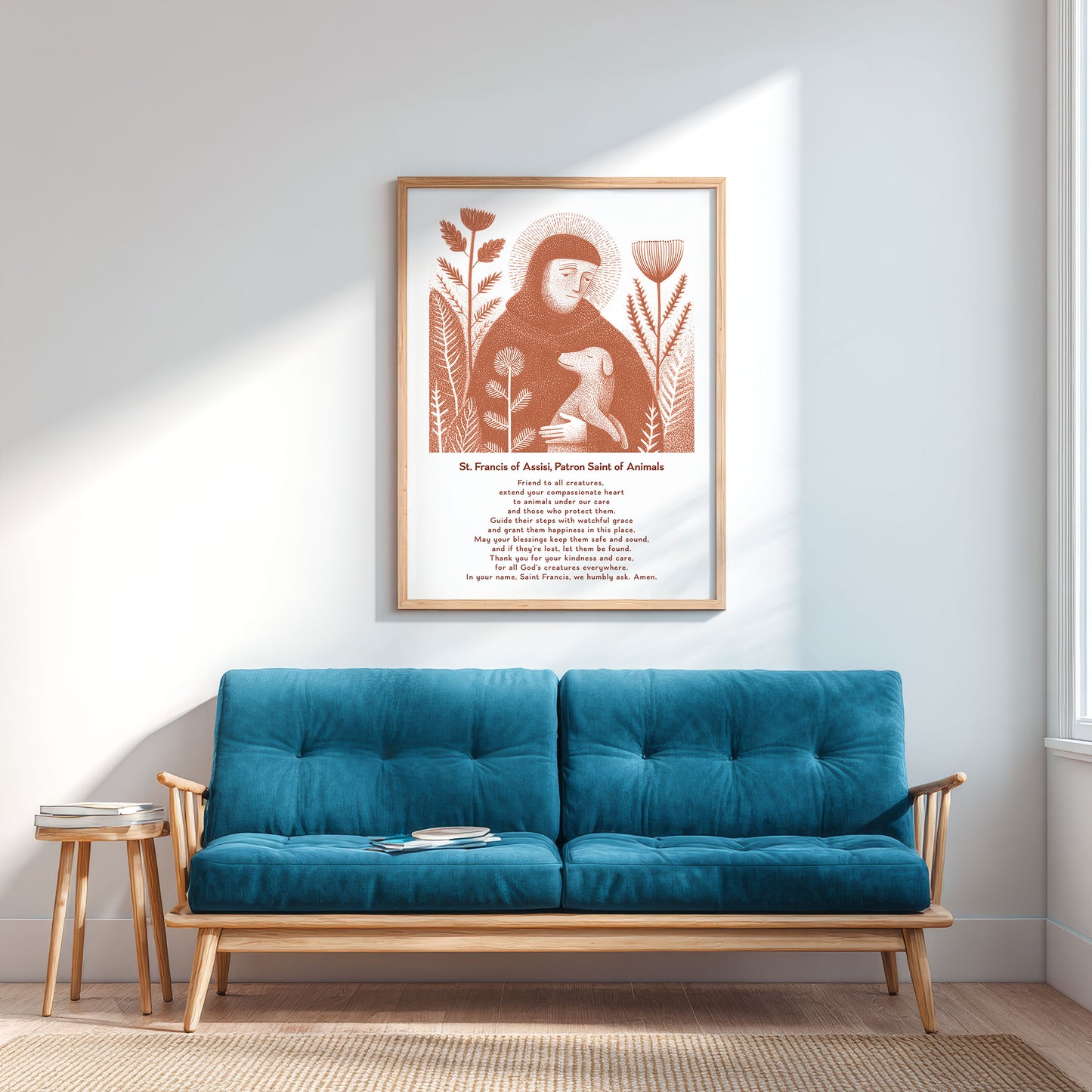 St Francis with Dog Art Print - Terracotta interior mockup 04 - p_12_franc_dog_0002_Layer 1