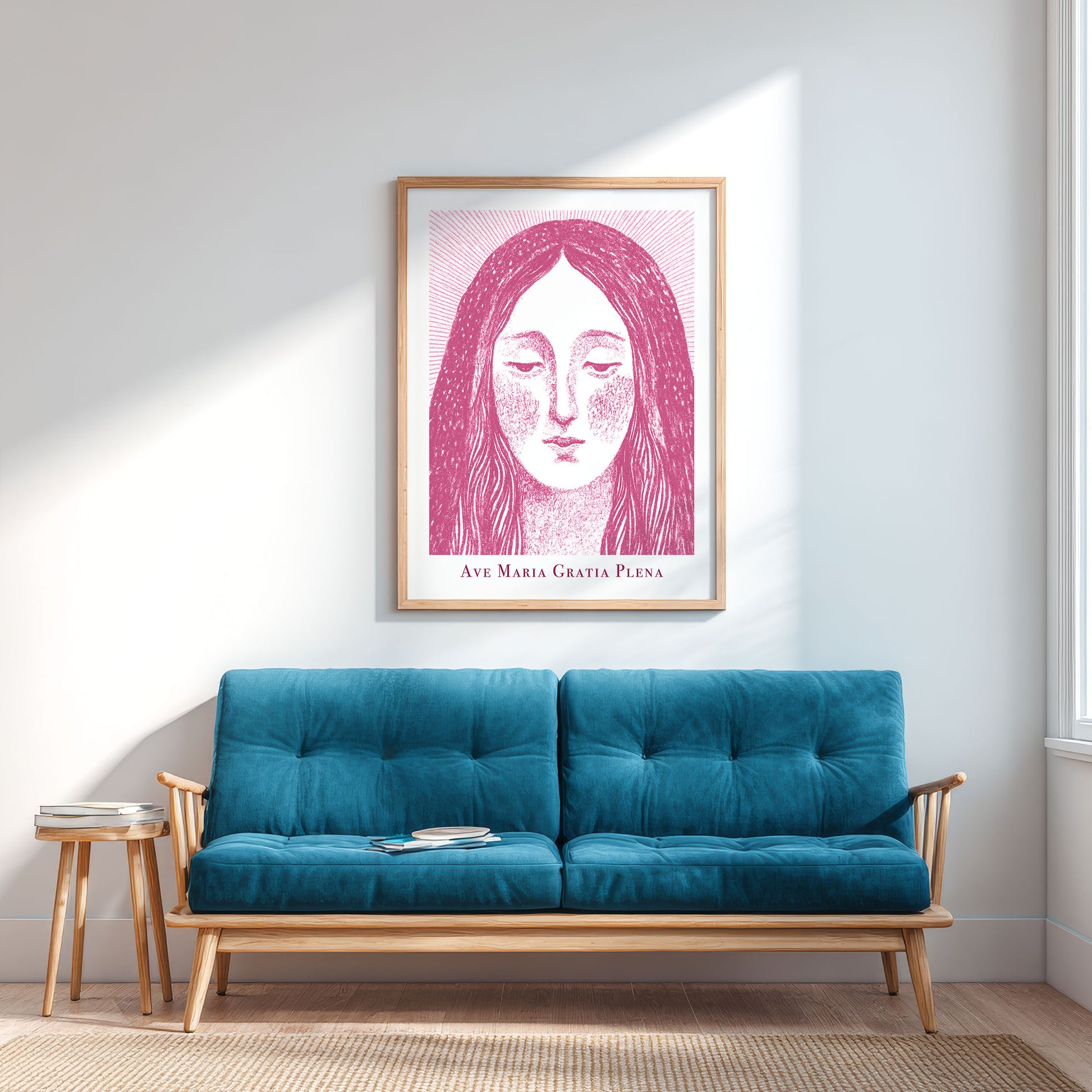 Virgin Mary Art Print - Pink interior mockup 03 - p_12_maria_0000_Layer 3
