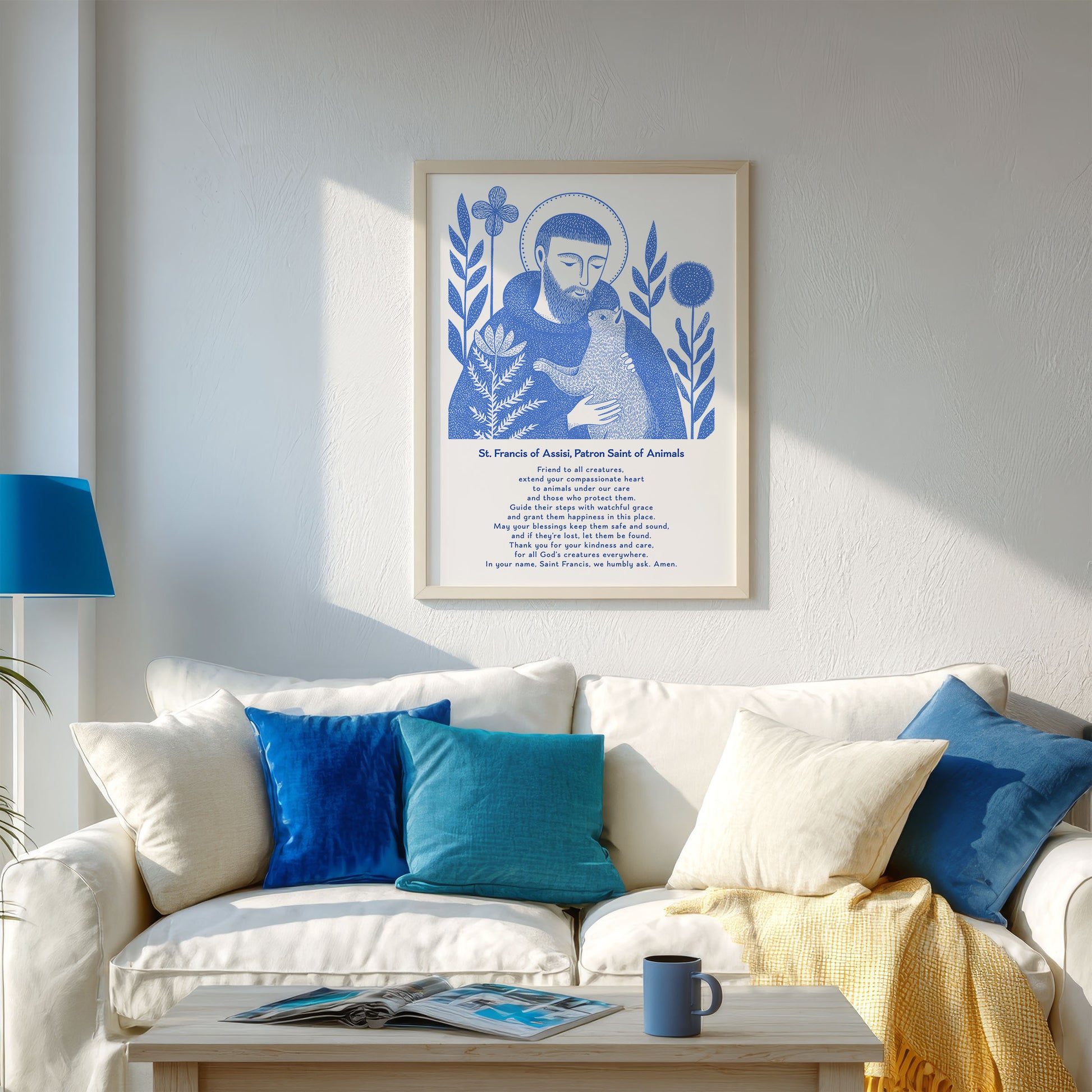 St Francis with Cat Art Print - Blue interior mockup 03 - p_13_franc_cat_0000_Layer 8