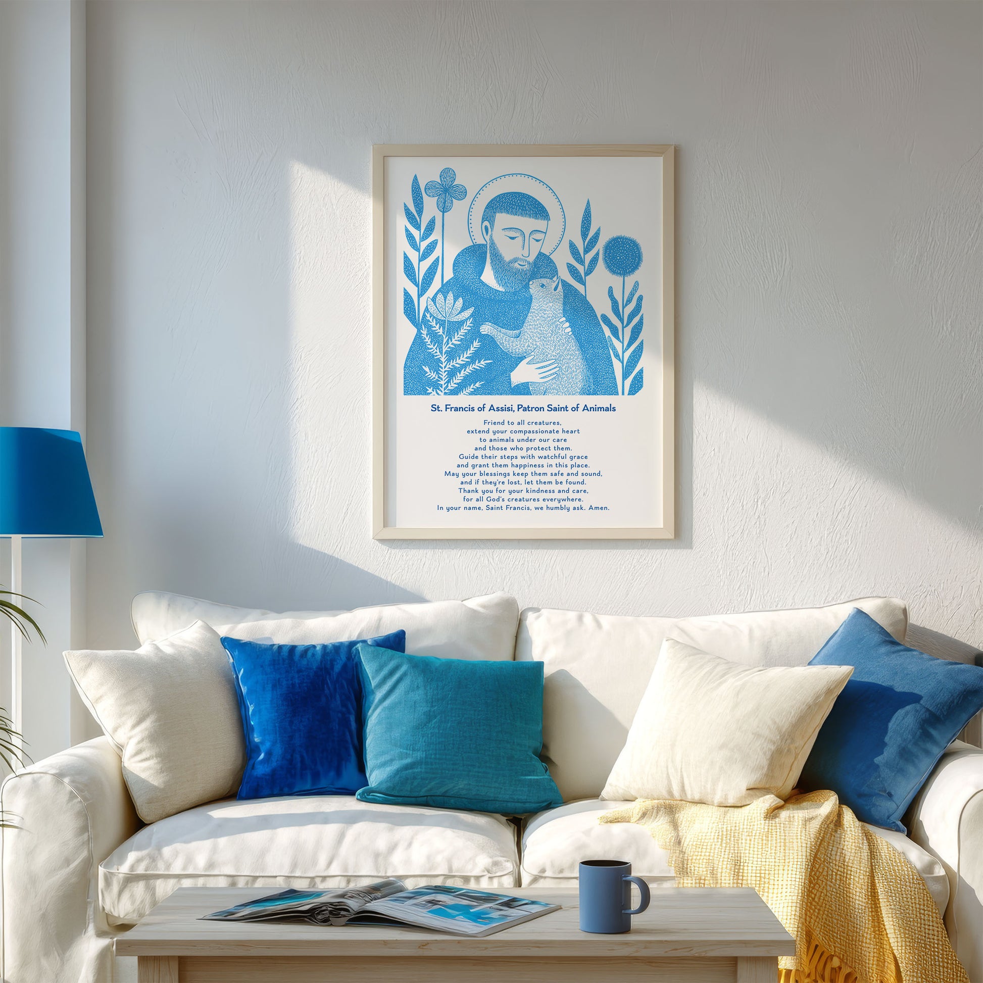 St Francis with Cat Art Print - Deep Blue interior mockup 03 - p_13_franc_cat_0001_Layer 7