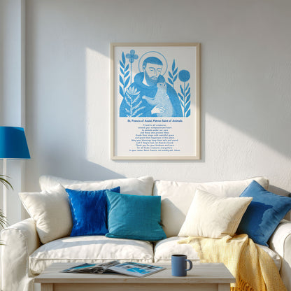 St Francis with Cat Art Print - Deep Blue interior mockup 03 - p_13_franc_cat_0001_Layer 7