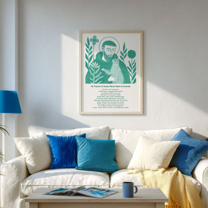 St Francis with Cat Art Print - Teal interior mockup 04 - p_13_franc_cat_0006_Layer 1
