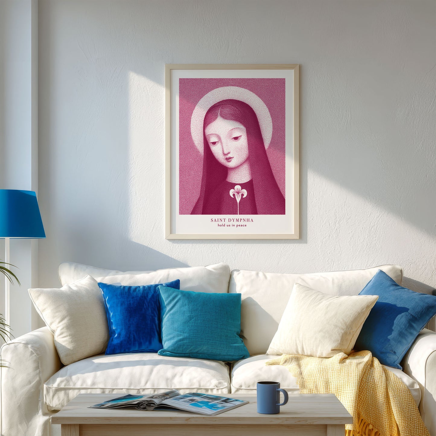 St Dymphna Art Print - Pink interior mockup 02 - p_13_turquoise_lamp_0000_Layer 1