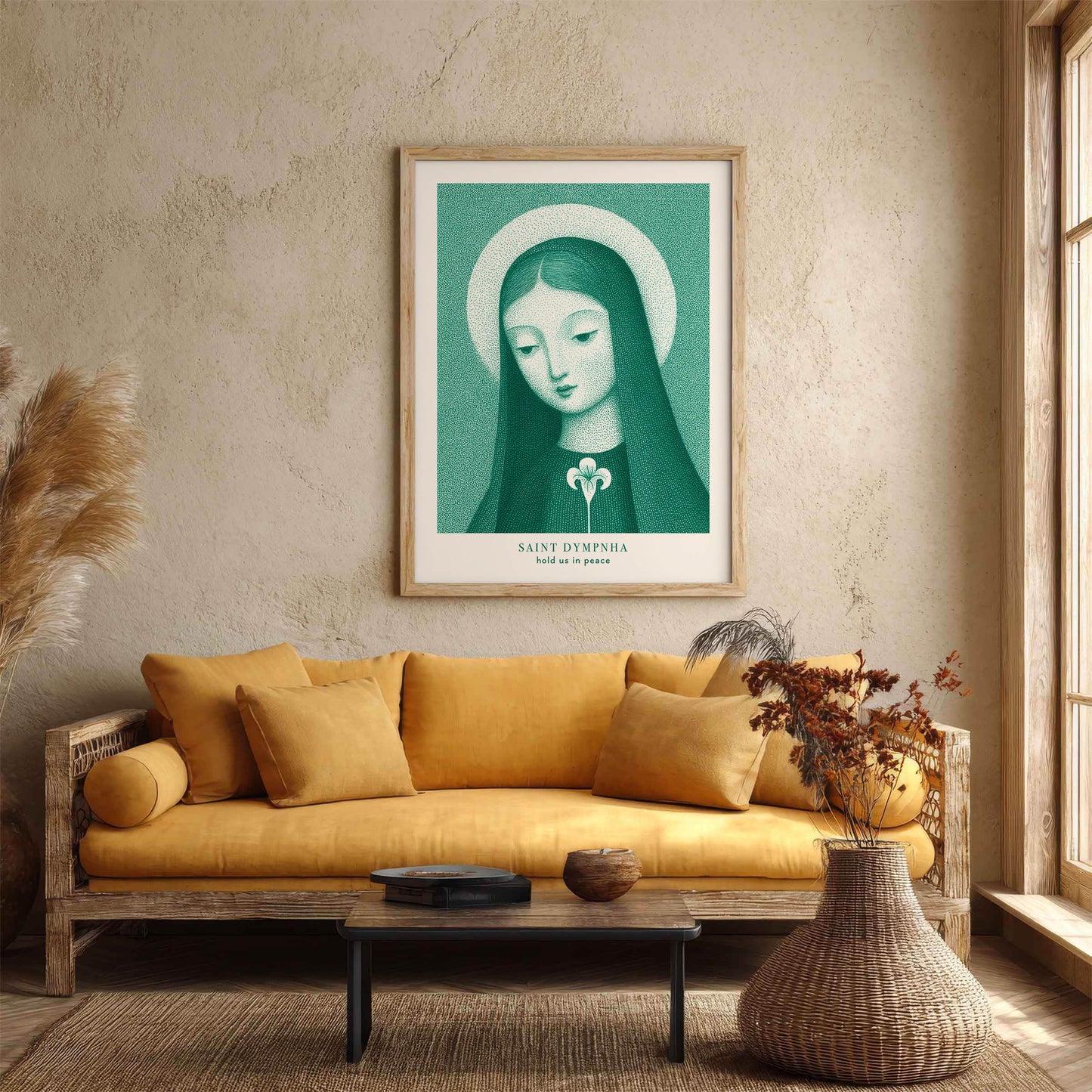 St Dymphna Art Print - Teal interior mockup 01 - p_14_autumn_couch_0007_Layer 8