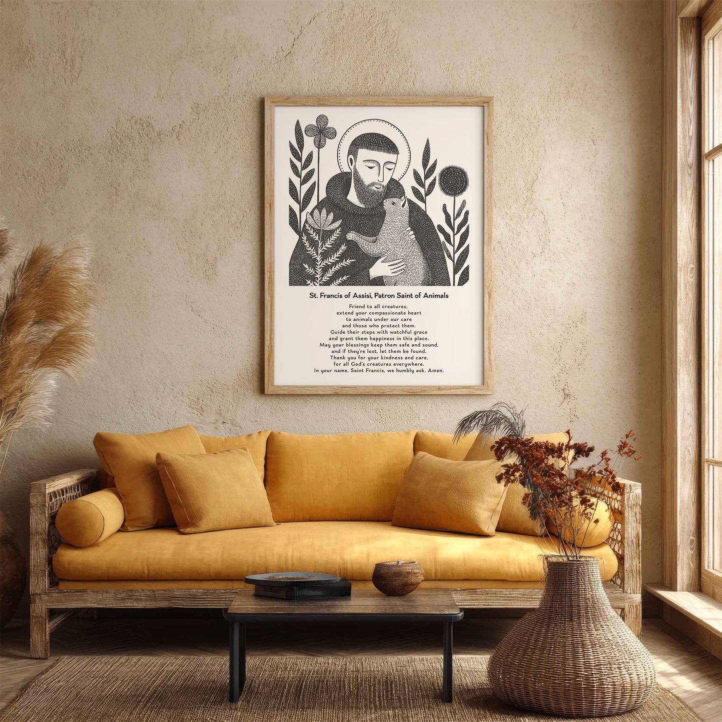 St Francis with Cat Art Print - Black interior mockup 03 - p_14_franc_cat_0000_Layer 5