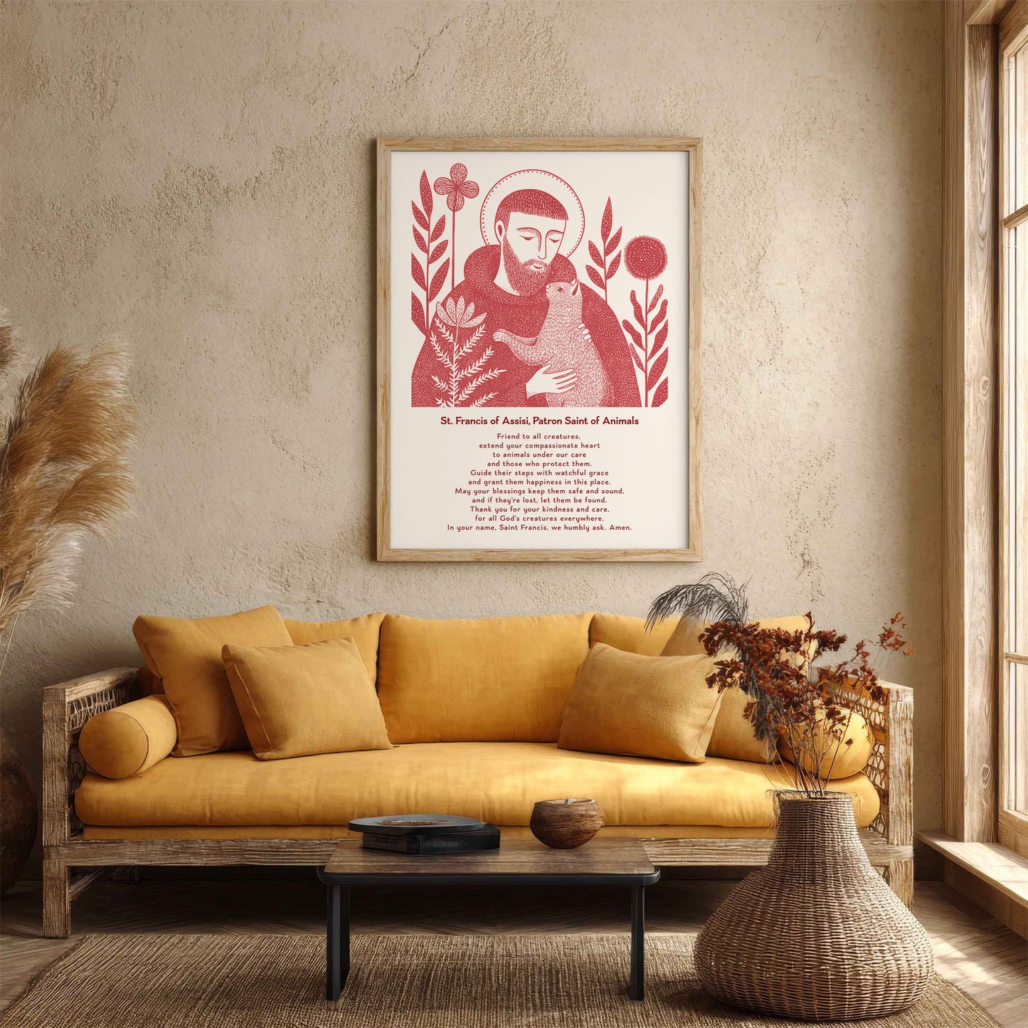 St Francis with Cat Art Print - Red interior mockup 06 - p_14_franc_cat_0003_Layer 2