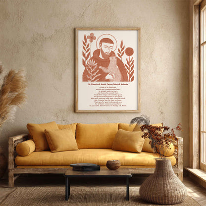 St Francis with Cat Art Print - Terracotta interior mockup 05 - p_14_franc_cat_0004_Layer 1
