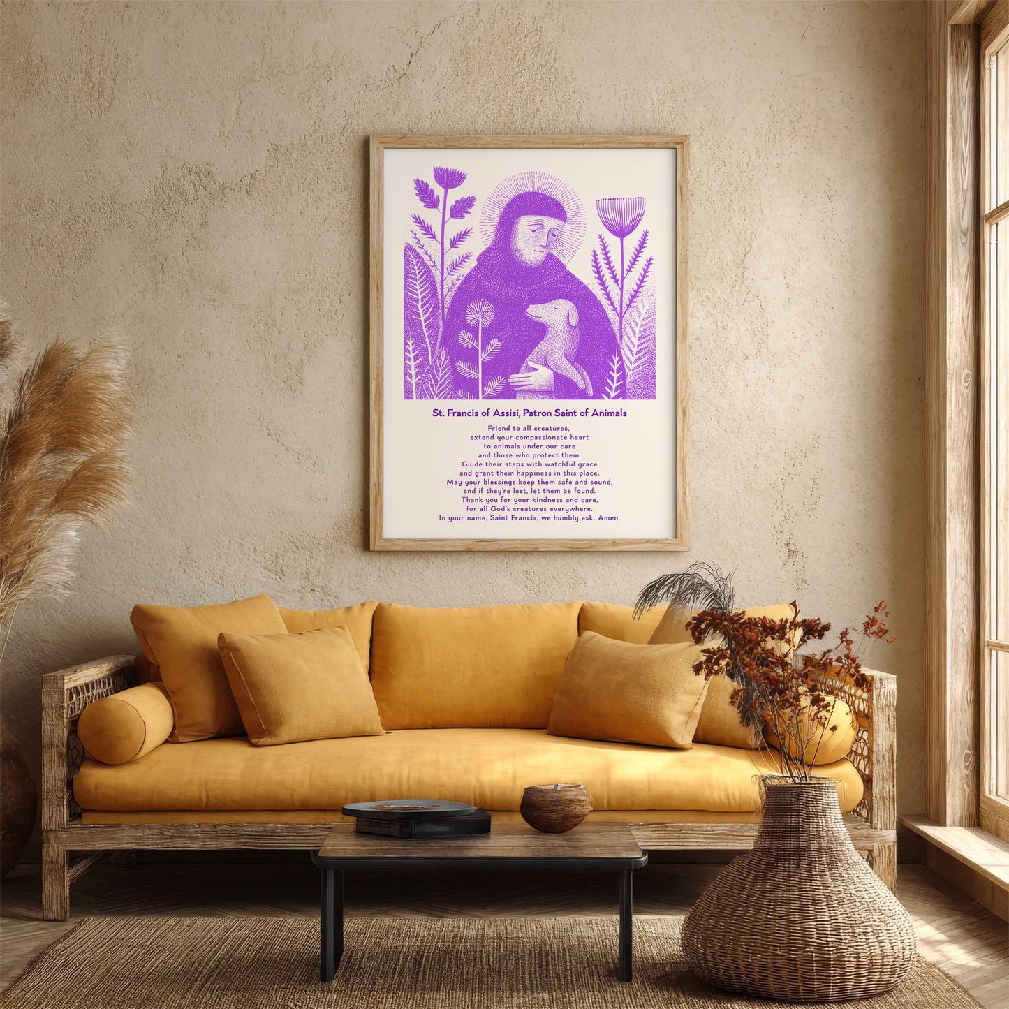 St Francis with Dog Art Print - Purple interior mockup 05 - p_14_franc_dog_0002_Layer 3