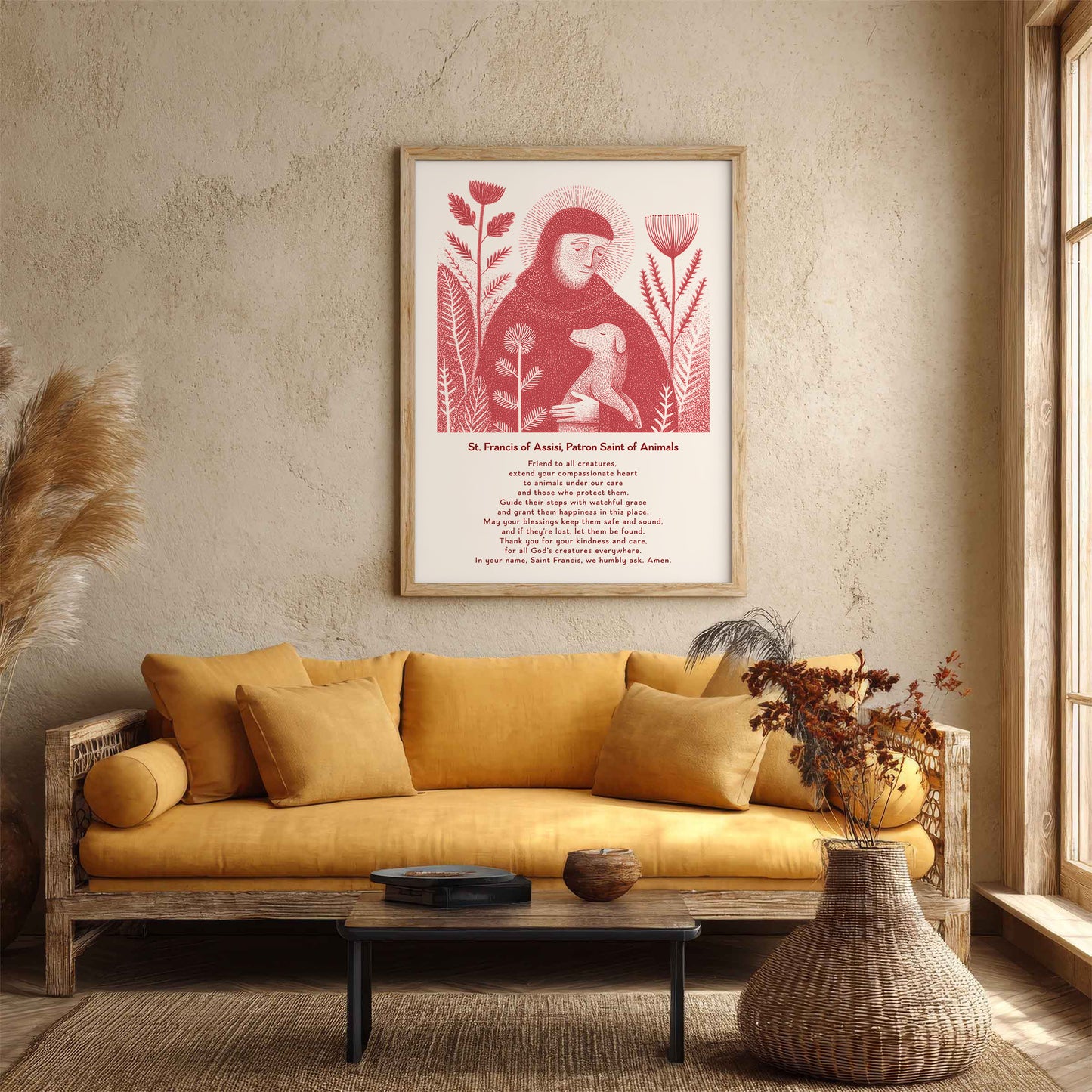 St Francis with Dog Art Print - Red interior mockup 06 - p_14_franc_dog_0003_Layer 2