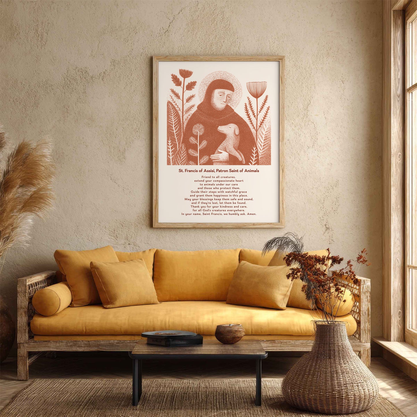 St Francis with Dog Art Print - Terracotta interior mockup 05 - p_14_franc_dog_0004_Layer 1