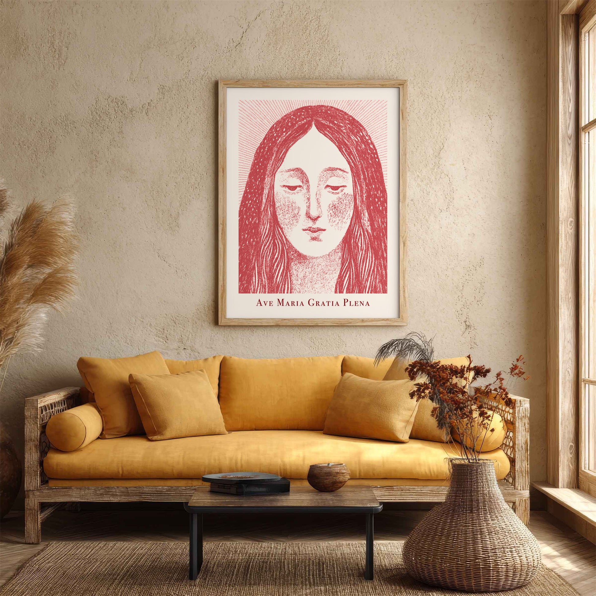 Virgin Mary Art Print - Red interior mockup 05 - p_14_maria_0003_Layer 2
