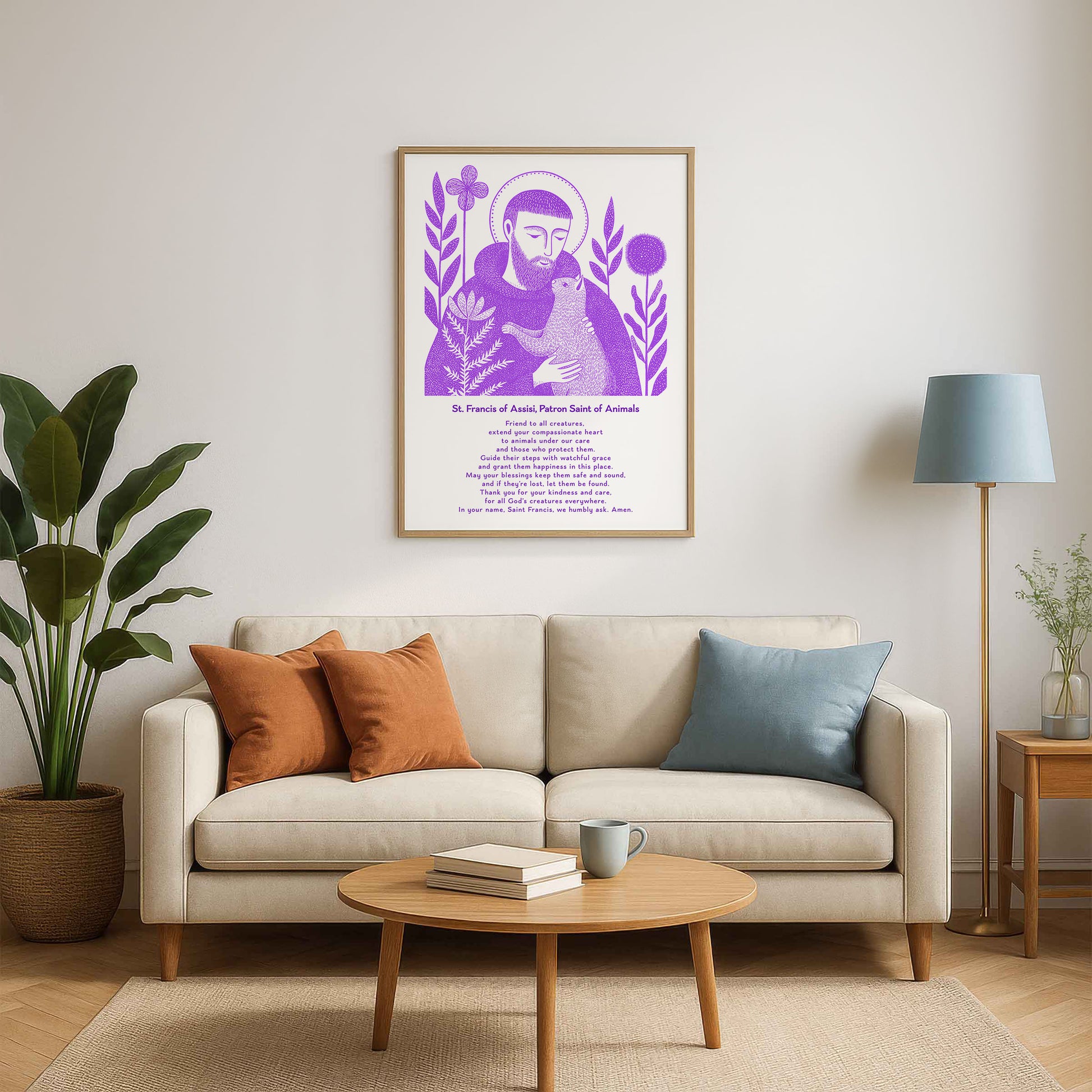 St Francis with Cat Art Print - Purple interior mockup 06 - p_15_franc_cat_0002_Layer 1