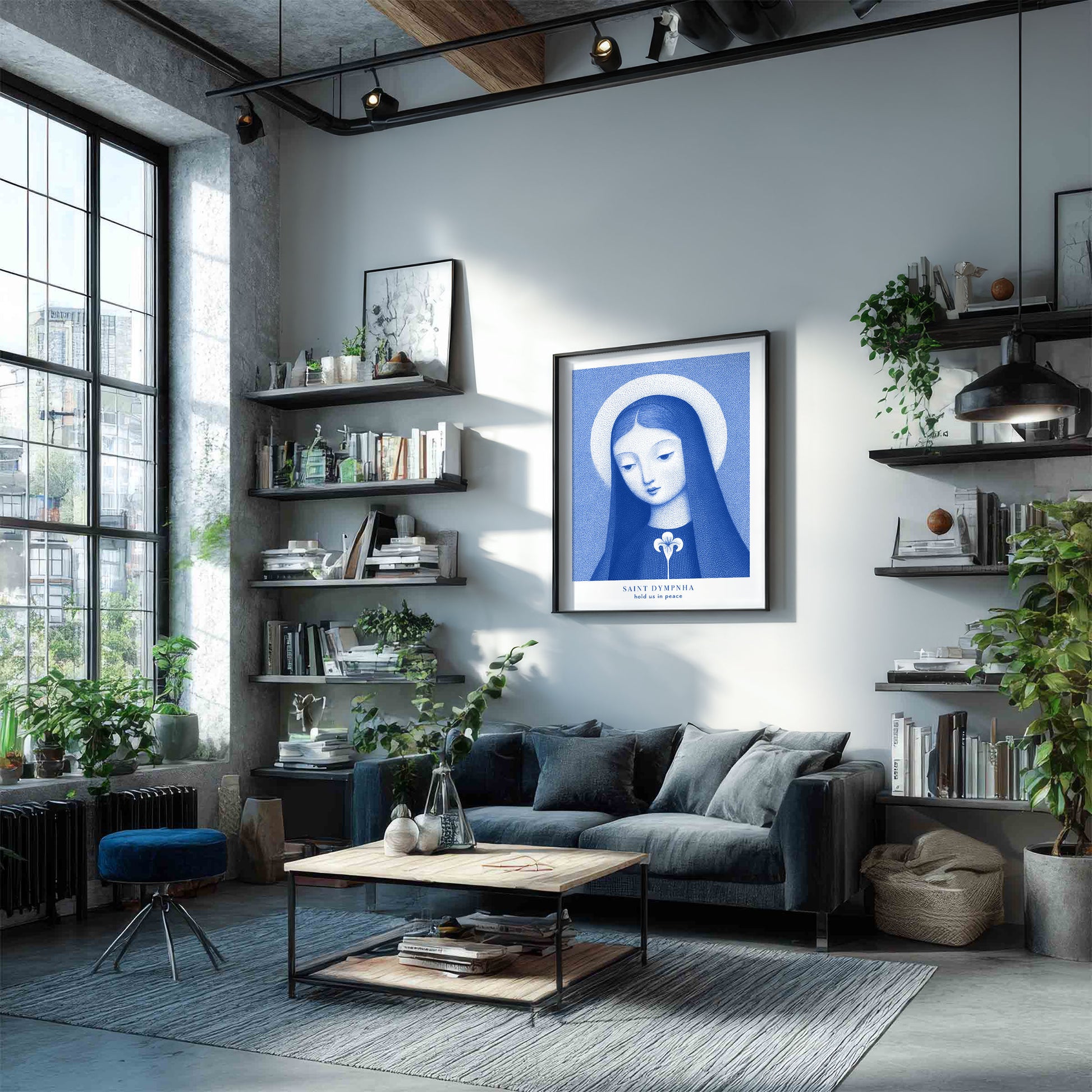 St Dymphna Art Print - Blue interior mockup 02 - p_16_loft_0001_Layer 2