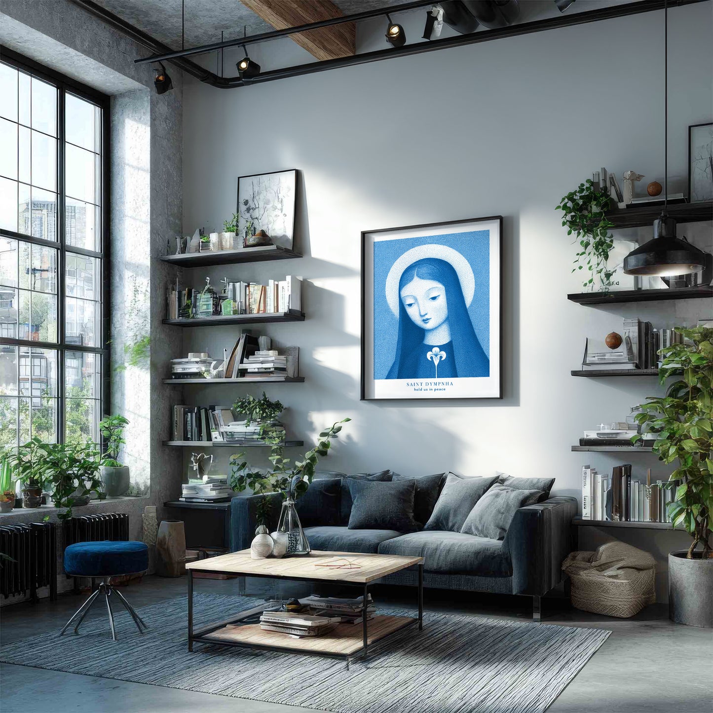 St Dymphna Art Print - Deep Blue interior mockup 02 - p_16_loft_0002_Layer 3
