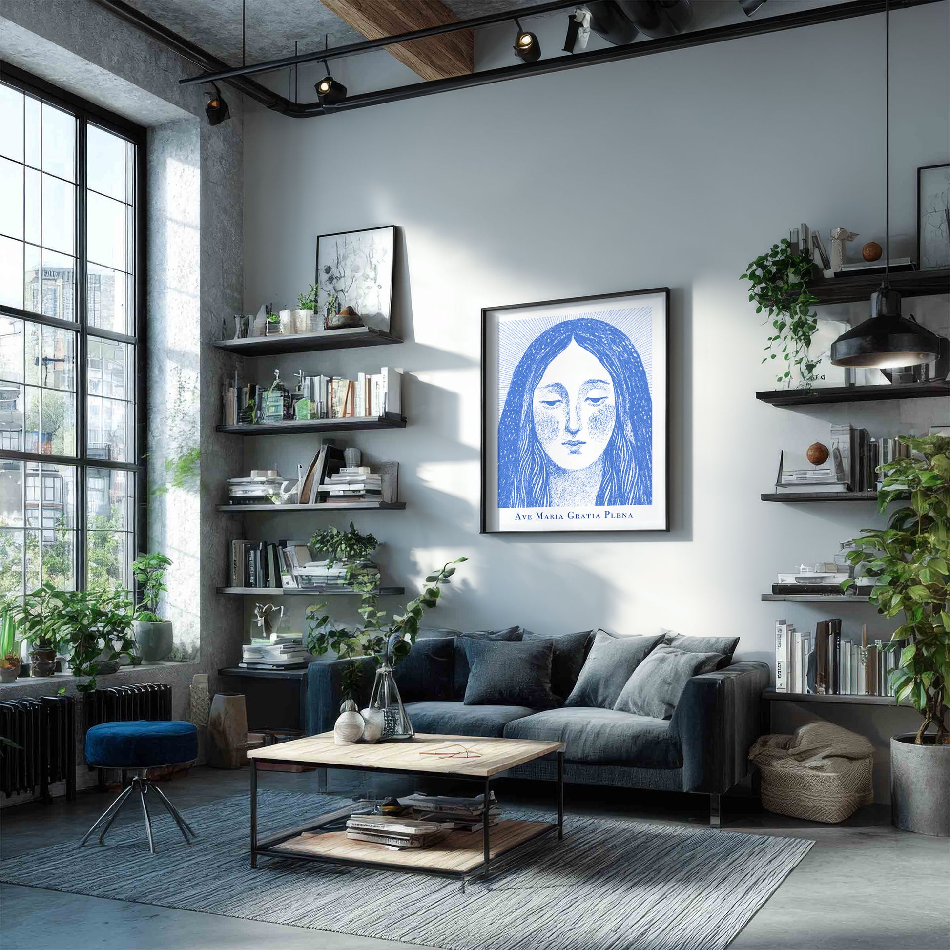 Virgin Mary Art Print - Blue interior mockup 03 - p_16_maria_0001_Layer 5