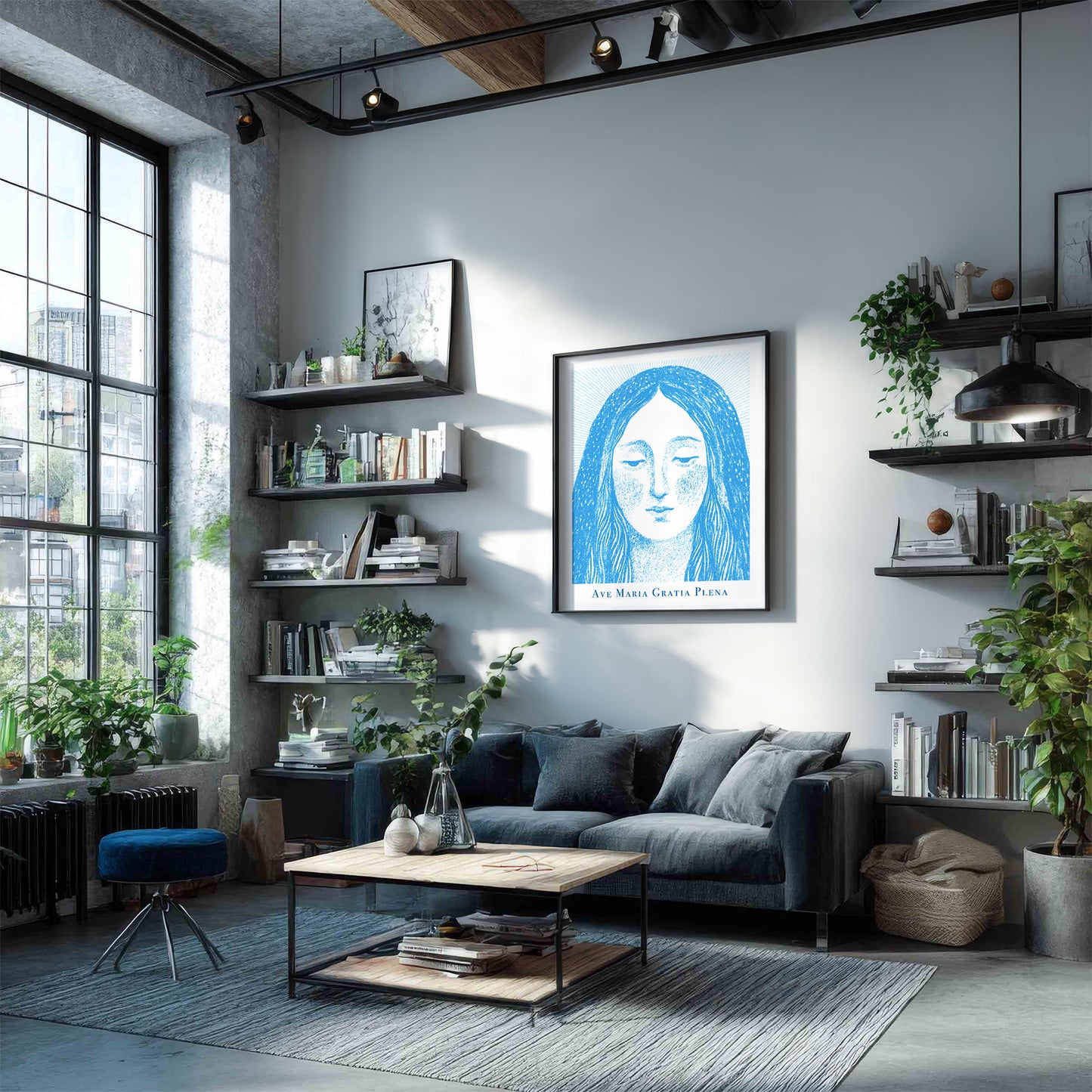 Virgin Mary Art Print - Deep Blue interior mockup 04 - p_16_maria_0002_Layer 3