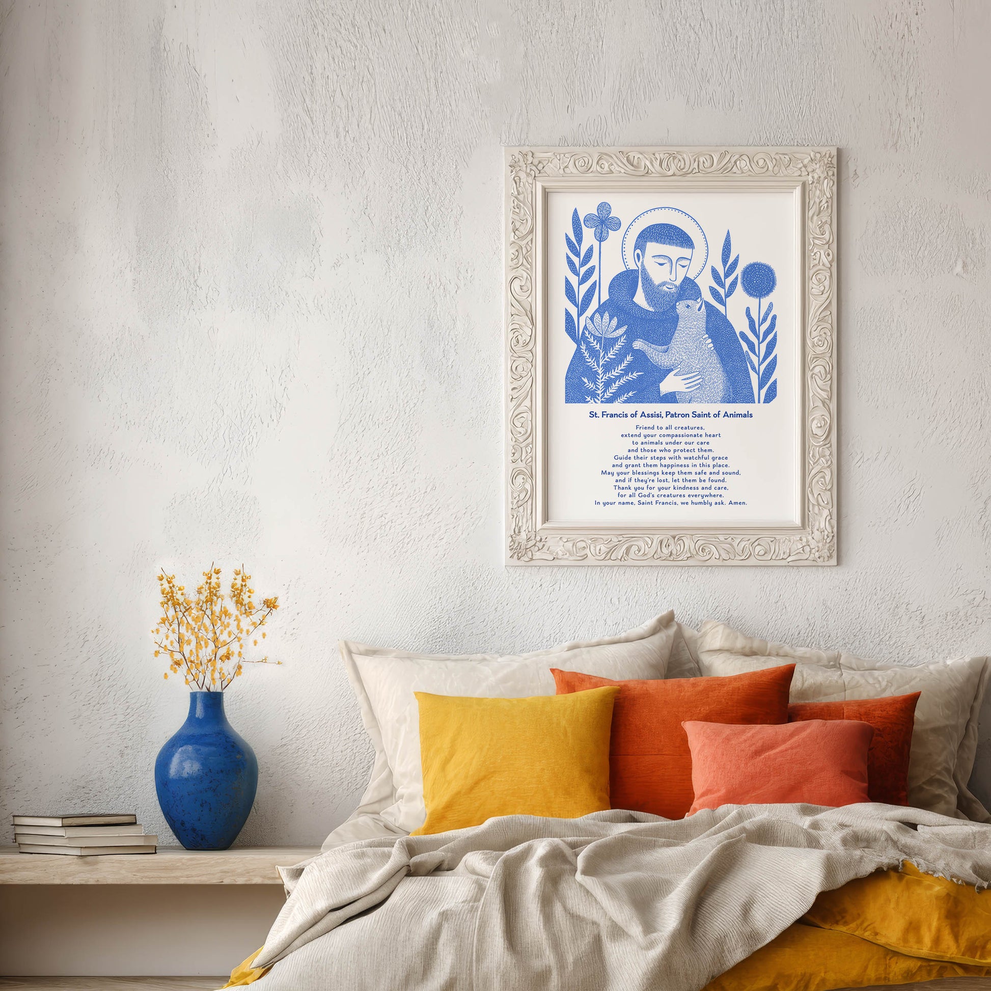 St Francis with Cat Art Print - Blue interior mockup 05 - p_17_franc_cat_0000_Layer 1