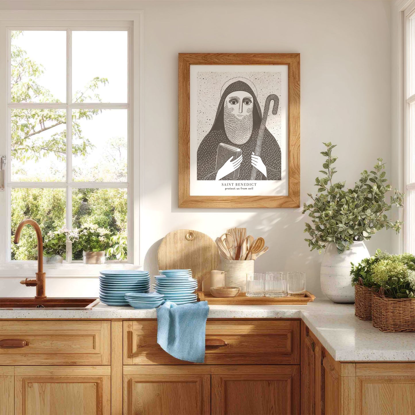 St Benedict Art Print - Brown interior mockup 02 - p_18_oak_kitchen_0002_Layer 3