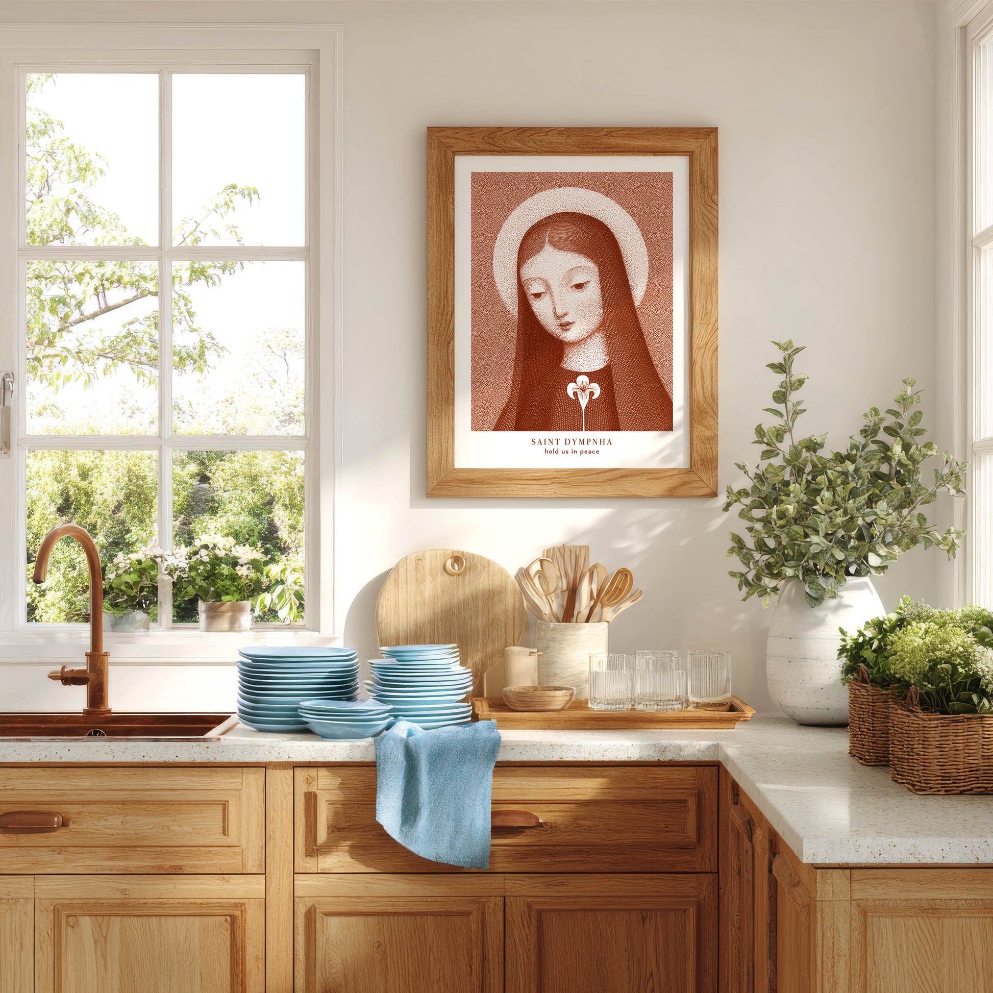 St Dymphna Art Print - Terracotta interior mockup 01 - p_18_oak_kitchen_0006_Layer 7