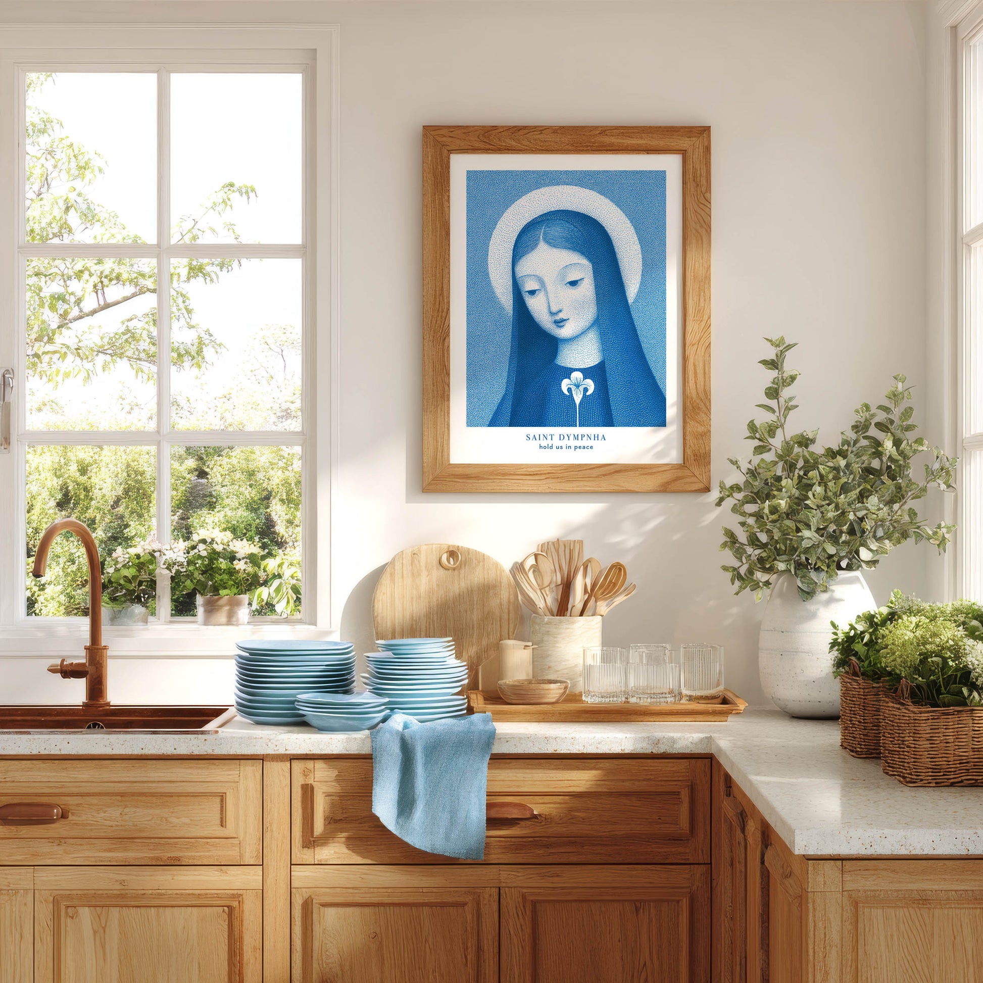 St Dymphna Art Print - Deep Blue interior mockup 03 - p_18_oak_kitchen_0007_Layer 8