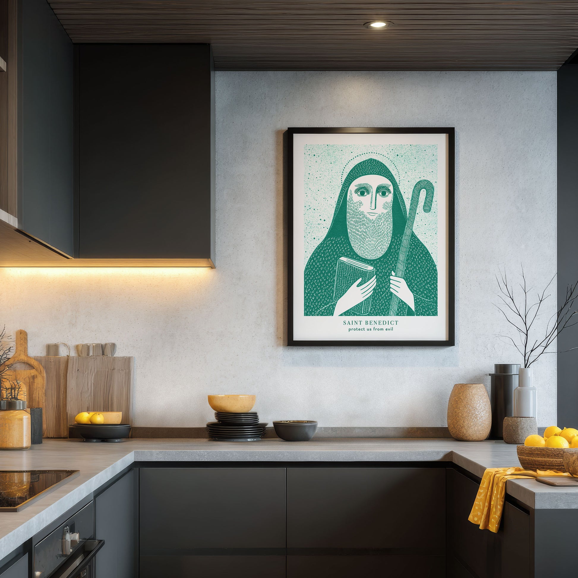 St Benedict Art Print - Teal interior mockup 02 - p_19_black_kitchen_0001_Layer 2