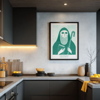 St Benedict Art Print - Teal interior mockup 02 - p_19_black_kitchen_0001_Layer 2