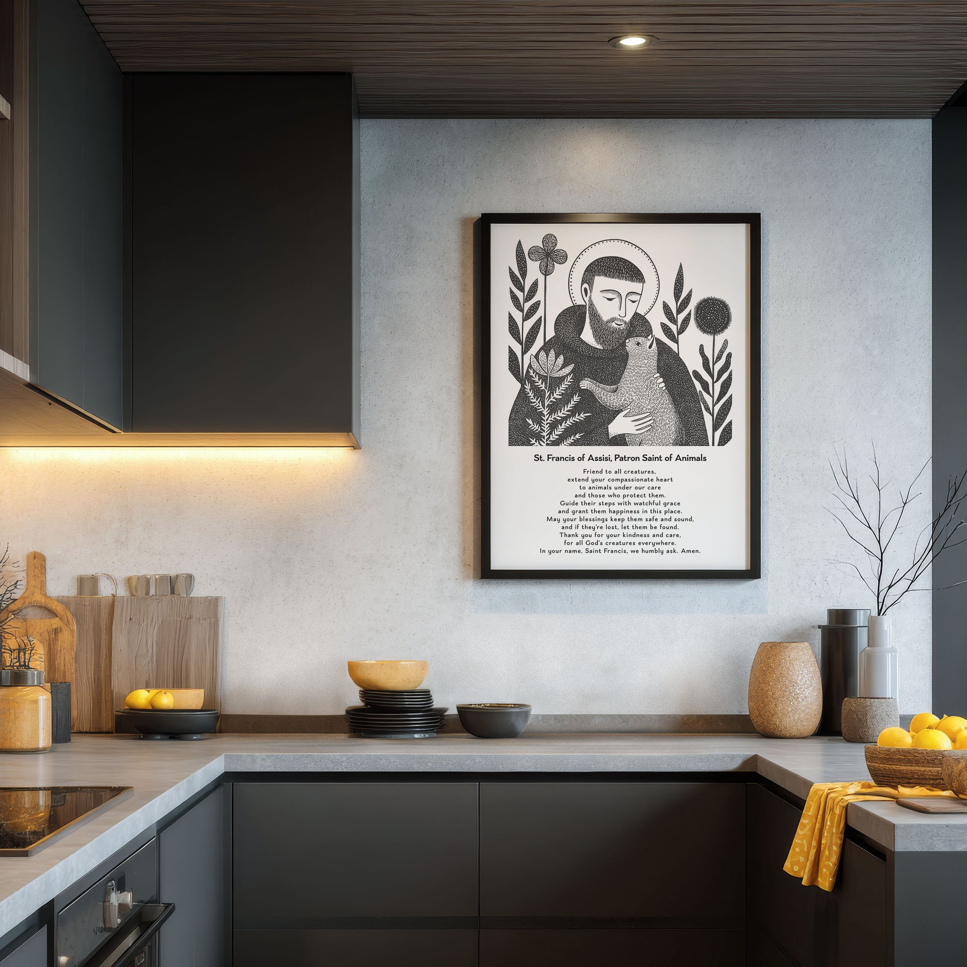St Francis with Cat Art Print - Black interior mockup 05 - p_19_franc_cat_0000_Layer 2