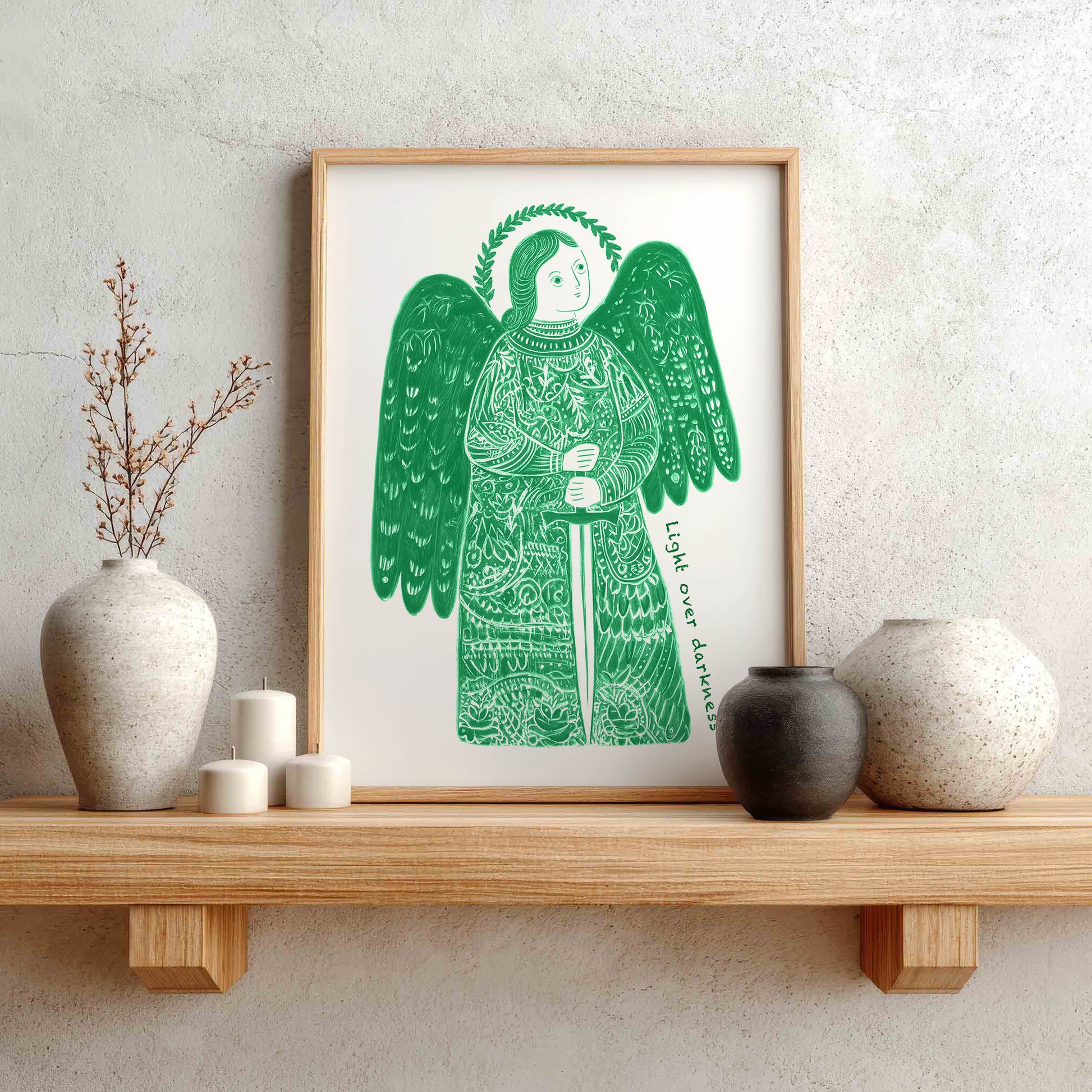 St Michael the Archangel Art Print - Green interior mockup 01 - p_1_am_0004_Layer 6