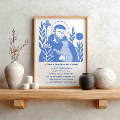 St Francis with Cat Art Print - Blue interior mockup 02 - p_1_franc_cat_0001_Layer 10