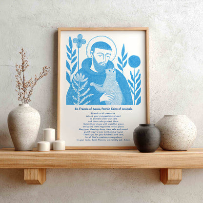 St Francis with Cat Art Print - Deep Blue interior mockup 02 - p_1_franc_cat_0002_Layer 9