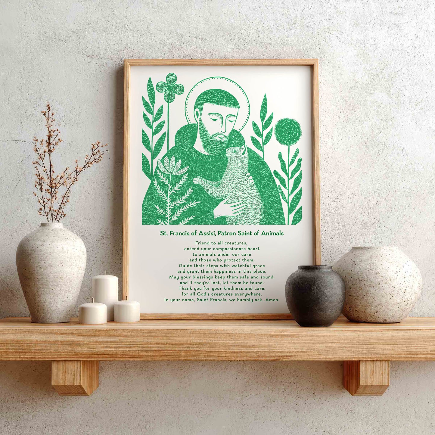 St Francis with Cat Art Print - Green interior mockup 02 - p_1_franc_cat_0004_Layer 7