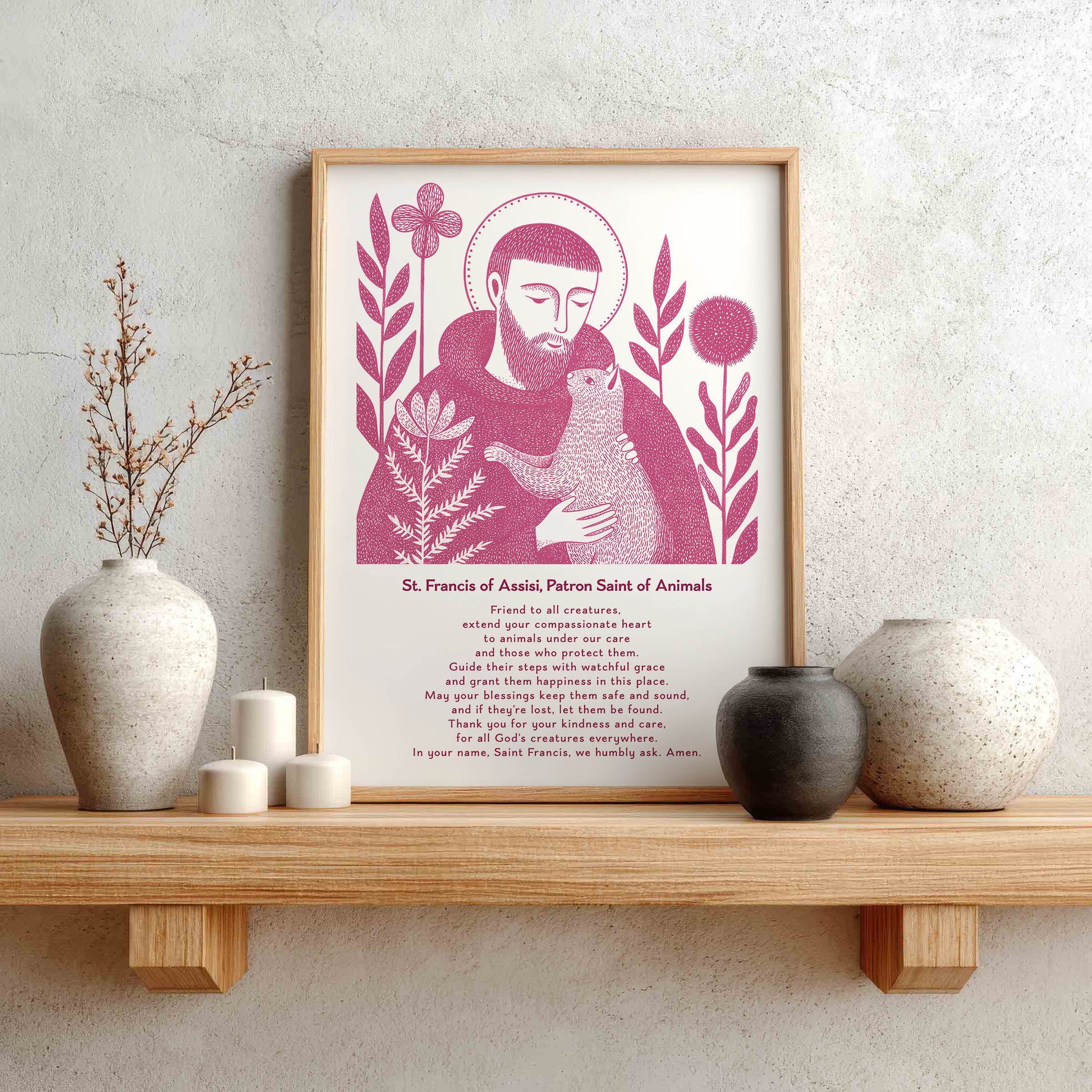 St Francis with Cat Art Print - Pink interior mockup 02 - p_1_franc_cat_0005_Layer 6