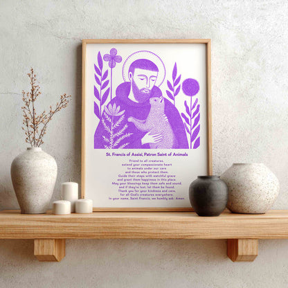 St Francis with Cat Art Print - Purple interior mockup 02 - p_1_franc_cat_0006_Layer 5