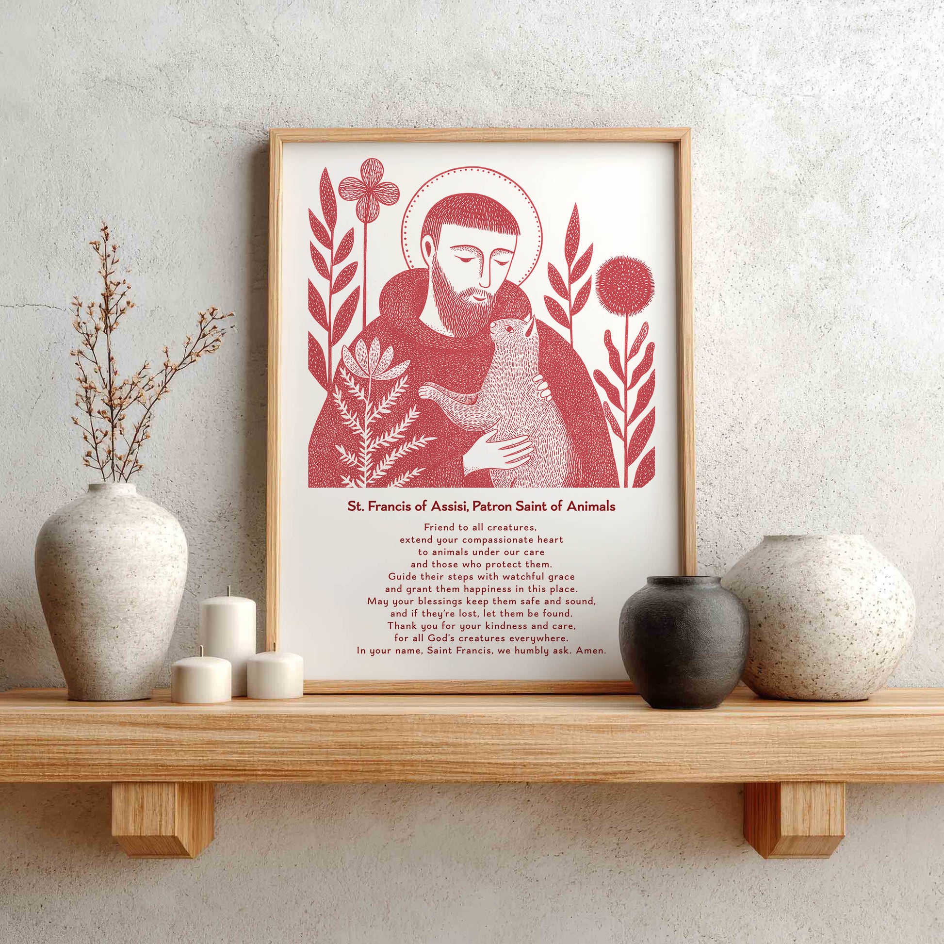 St Francis with Cat Art Print - Red interior mockup 02 - p_1_franc_cat_0007_Layer 4