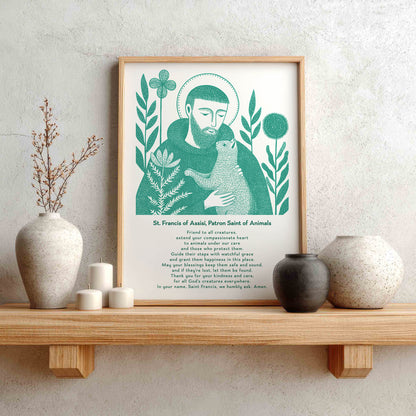 St Francis with Cat Art Print - Teal interior mockup 02 - p_1_franc_cat_0008_Layer 3