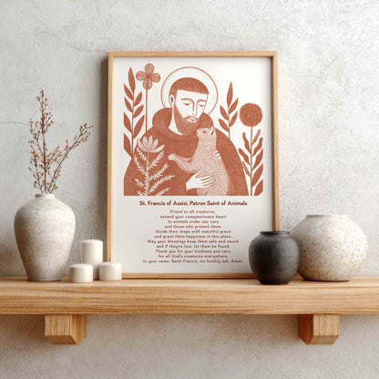 St Francis with Cat Art Print - Terracotta interior mockup 02 - p_1_franc_cat_0009_Layer 2