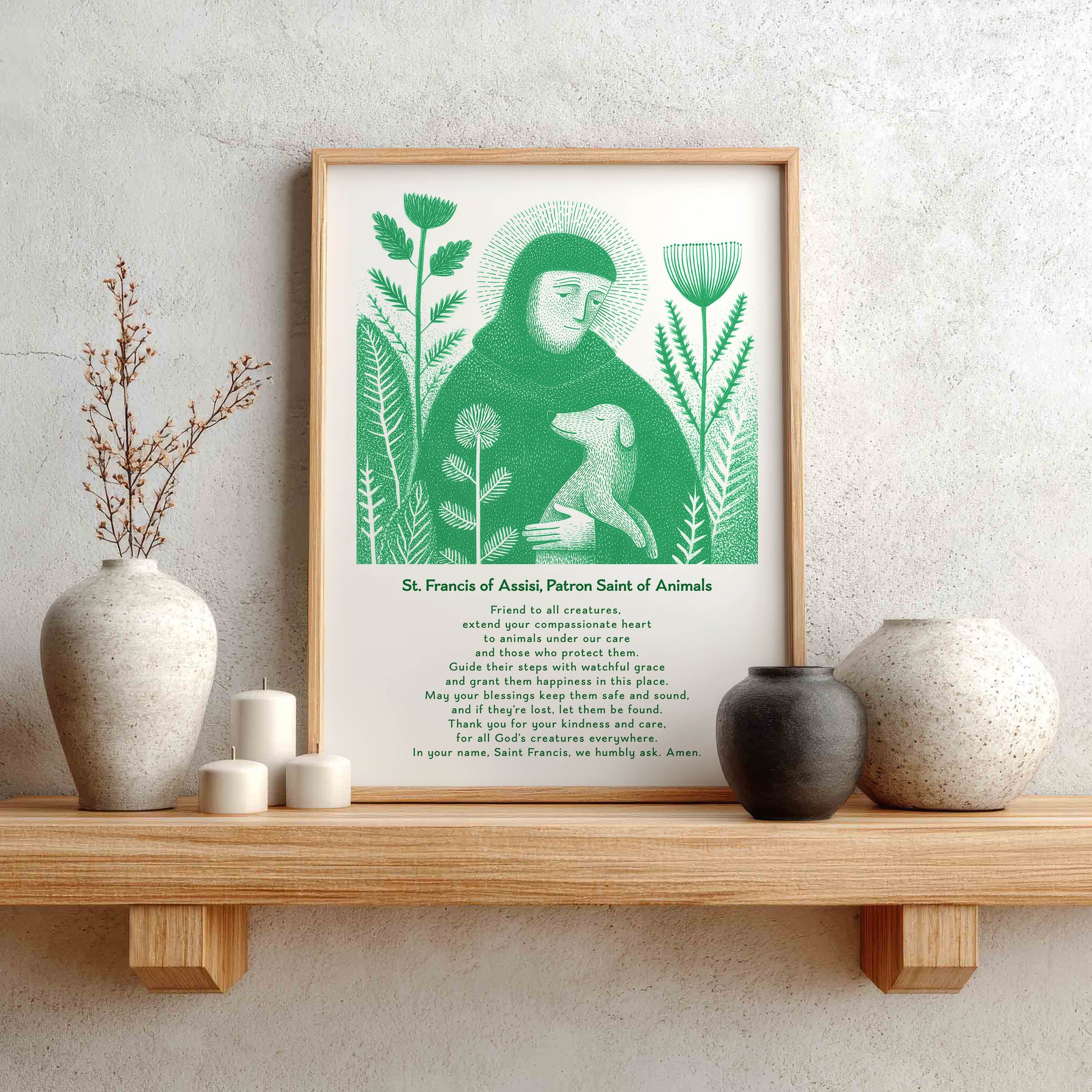 St Francis with Dog Art Print - Green interior mockup 02 - p_1_franc_dog_0004_Layer 7