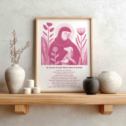 St Francis with Dog Art Print - Pink interior mockup 02 - p_1_franc_dog_0005_Layer 6