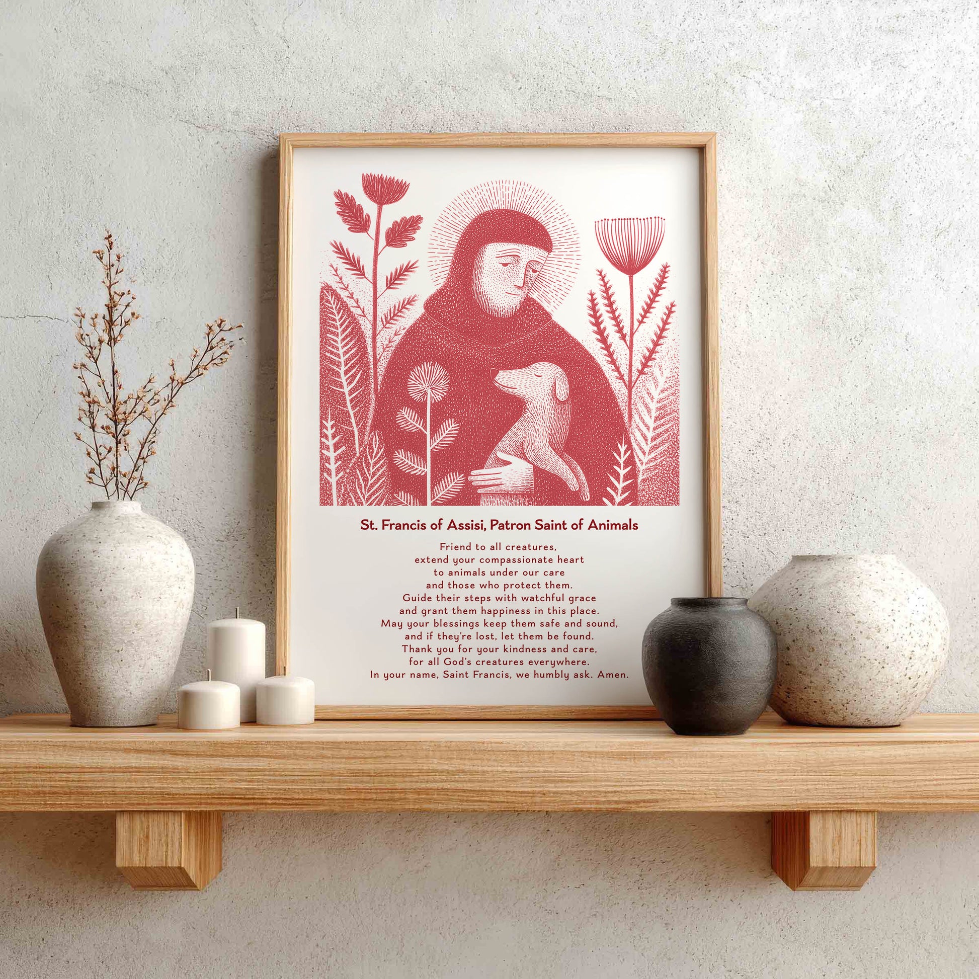 St Francis with Dog Art Print - Red interior mockup 02 - p_1_franc_dog_0007_Layer 3