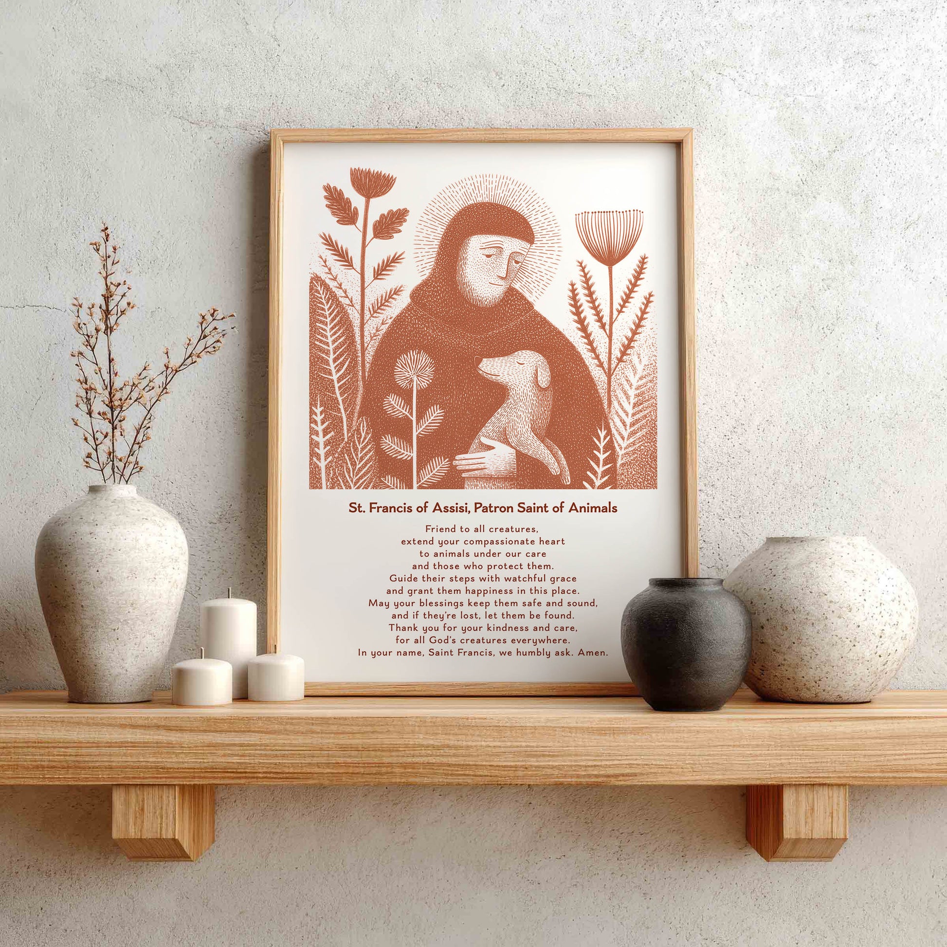St Francis with Dog Art Print - Terracotta interior mockup 02 - p_1_franc_dog_0009_Layer 1