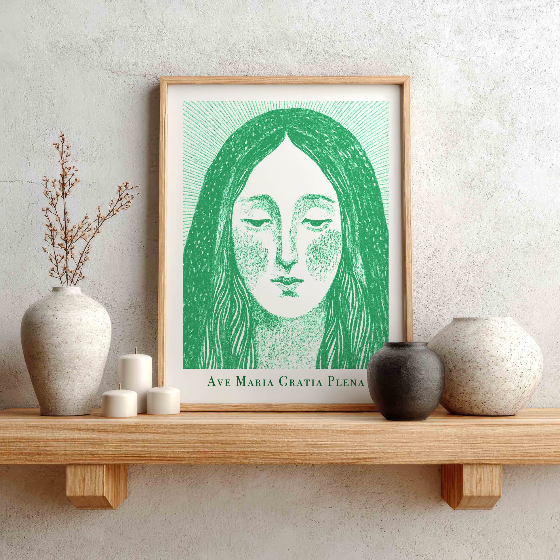 Virgin Mary Art Print - Green interior mockup 01 - p_1_maria_0004_Layer 6
