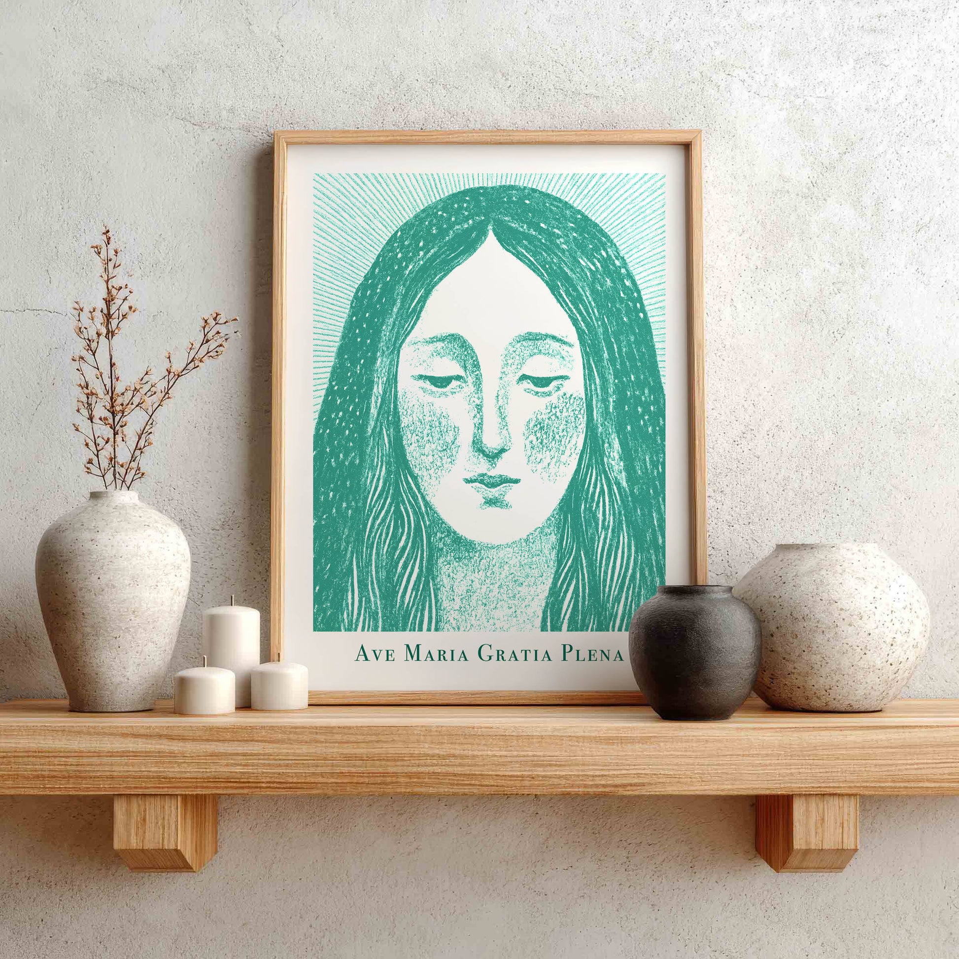 Virgin Mary Art Print - Teal interior mockup 01 - p_1_maria_0008_Layer 2