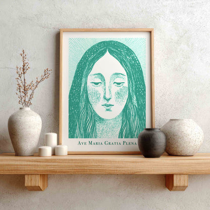 Virgin Mary Art Print - Teal interior mockup 01 - p_1_maria_0008_Layer 2